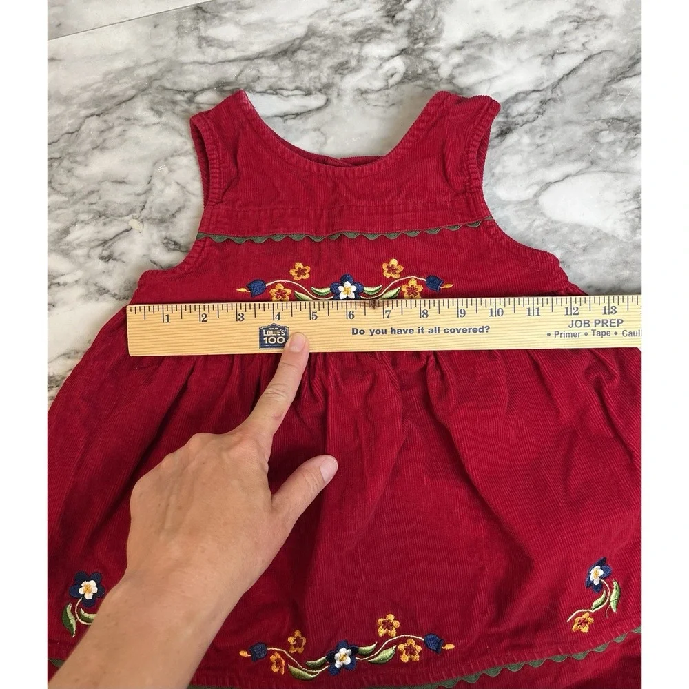 Samara Vtg 90's Red Corduroy Jumper Dress Embroidered Floral Girls 3T Cotton